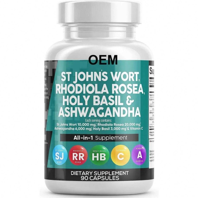 Adult Mood Support Supplements St John's Wort Capsules Rhodiola Rosea Holy Basil Vitamin C Black Pepper Extract Men Women