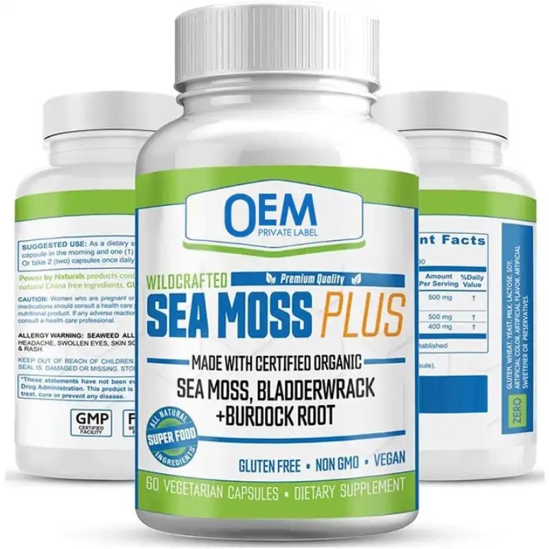 Private Label Organic Irish Moss Powder Capsule Extract Supplement Beauty Sea Moss Bladderwrack Burdock Capsules for Adults