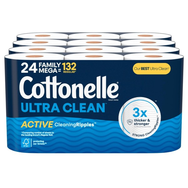 Toilet Paper Manufacturer - Cottonelle Ultra Clean 24 Family Mega Rolls 132 Regular Rolls 4 Pack